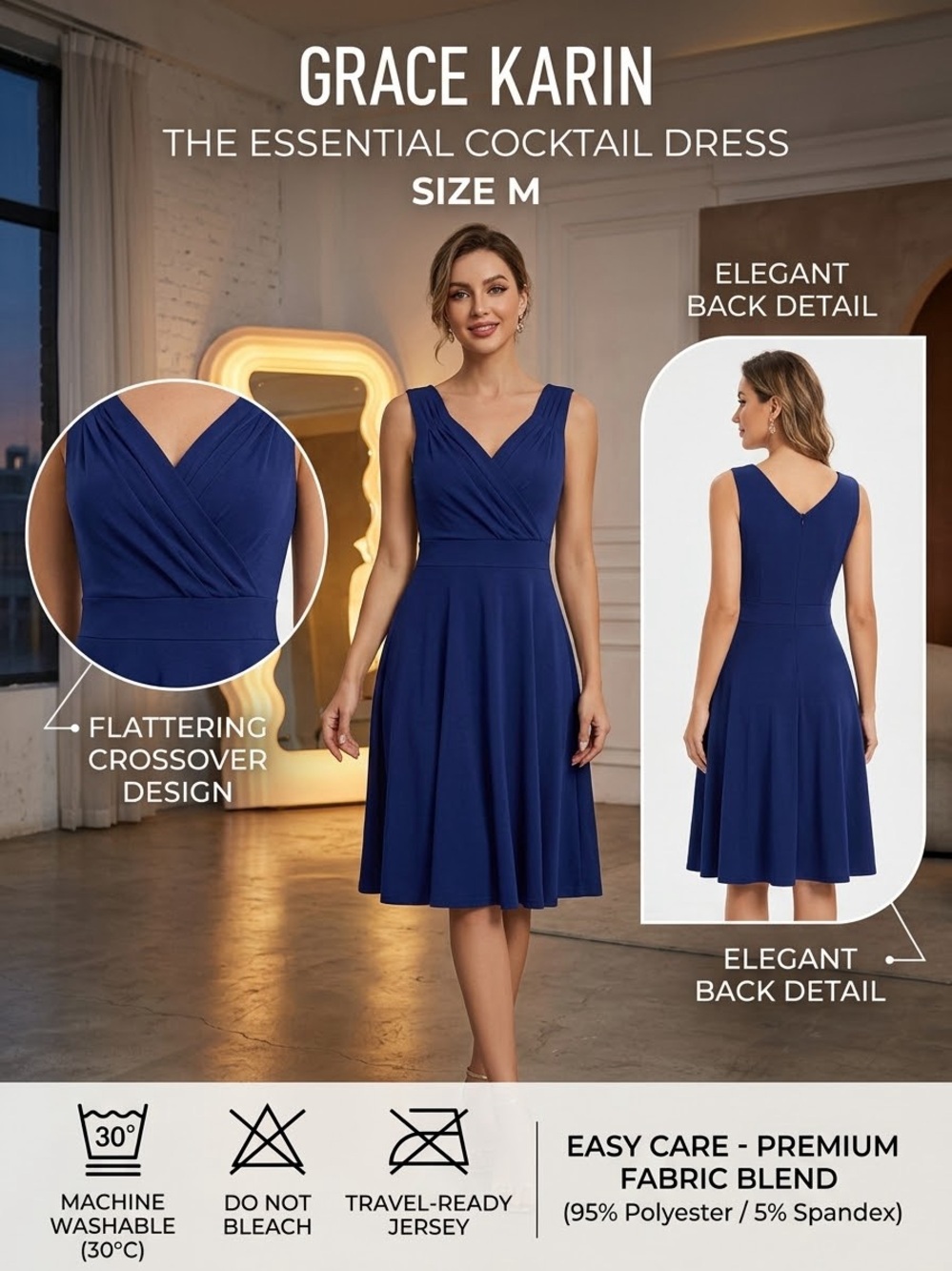 Grace Karin Royal Blue V-Neck Midi Cocktail Dress